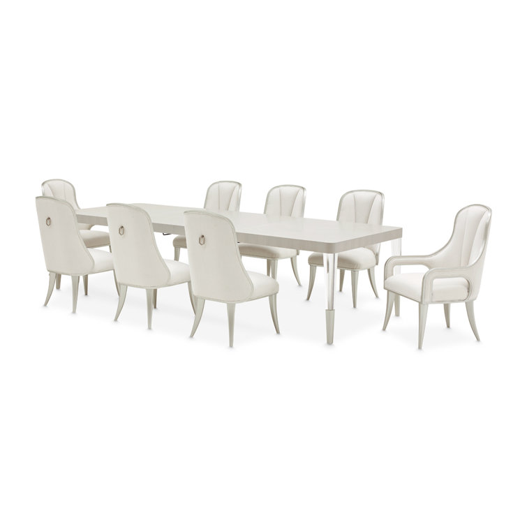 Ash Gray Elm Veneer Dining Table Set with 8 White Chairs