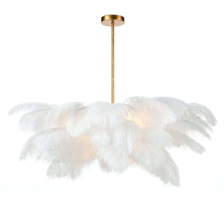 Josephine 37.25" White Feather Chandelier with Gold Leaf Finish