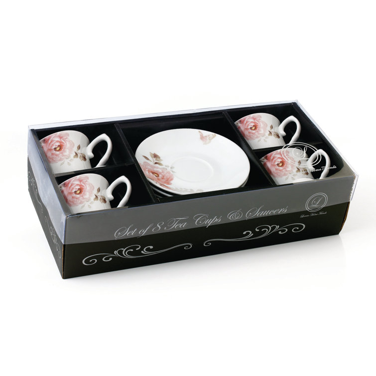 Blush Floral Porcelain Teacup and Saucer Set, 8-Piece