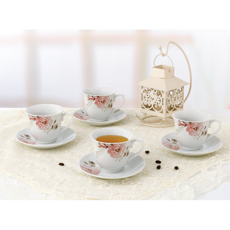 Blush Floral Porcelain Teacup and Saucer Set, 8-Piece