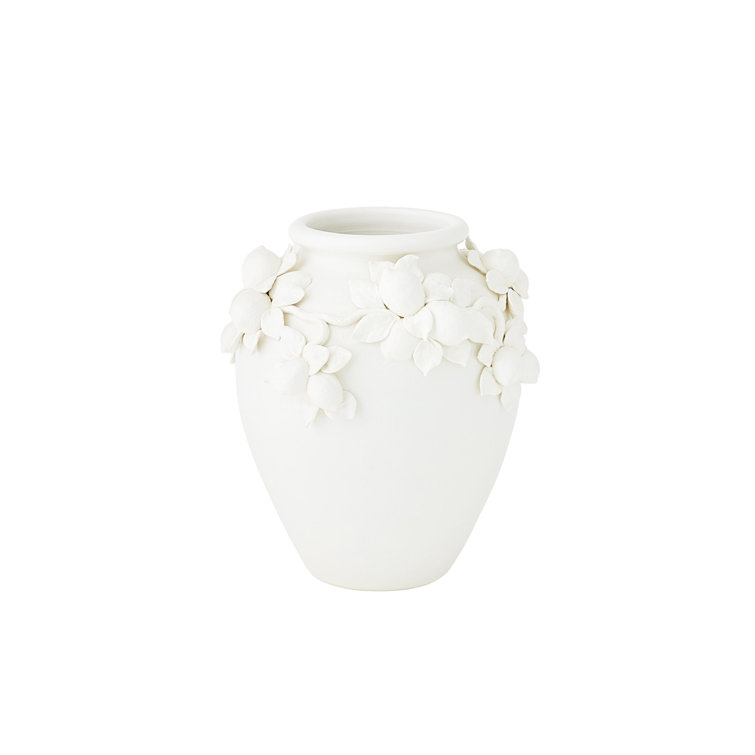 Matte White Ceramic Decorative Urn with Floral Design