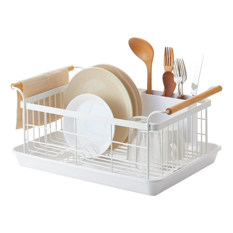 Tosca 13'' White Steel Dish Drainer Rack with Wood-Accent Handles