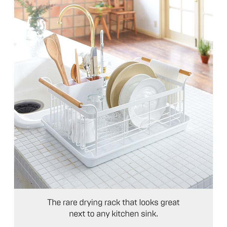 Tosca 13'' White Steel Dish Drainer Rack with Wood-Accent Handles