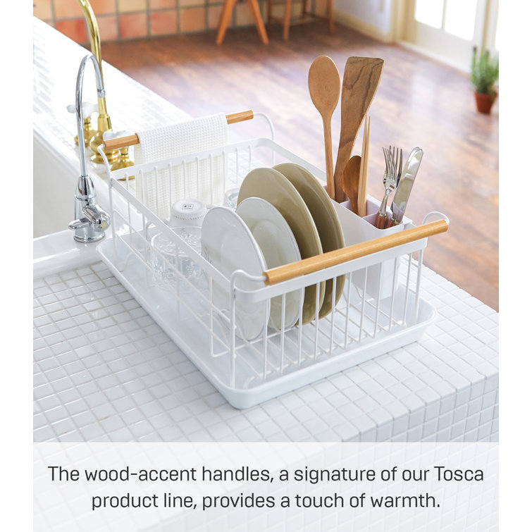 Tosca 13'' White Steel Dish Drainer Rack with Wood-Accent Handles