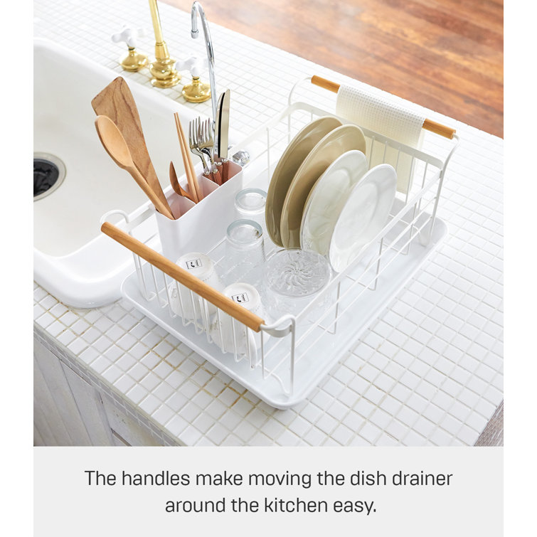 Tosca 13'' White Steel Dish Drainer Rack with Wood-Accent Handles
