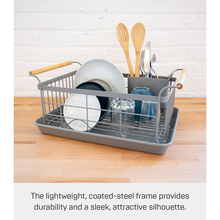 Gray Steel Dish Drainer Rack with Wood Handles and Utensil Cup