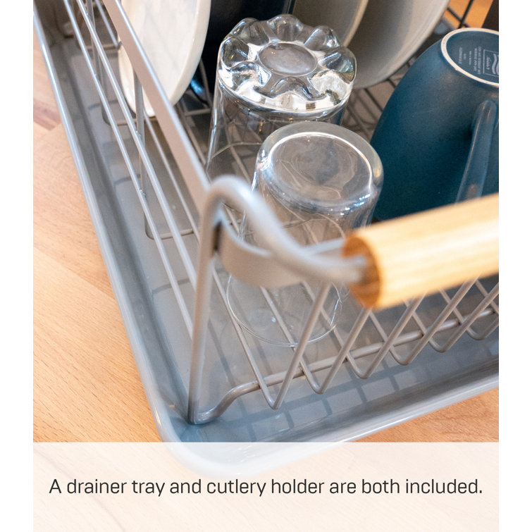 Gray Steel Dish Drainer Rack with Wood Handles and Utensil Cup