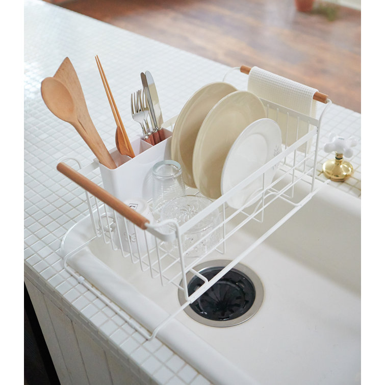 White Metal Over-the-Sink Dish Rack with Wooden Handles