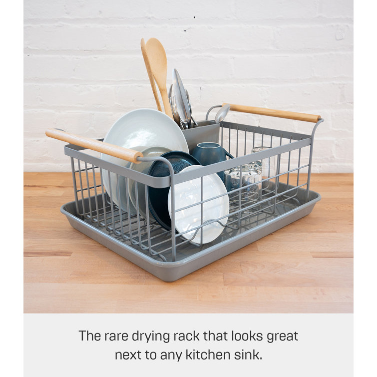 Gray Steel Dish Drainer Rack with Wood Handles and Utensil Cup