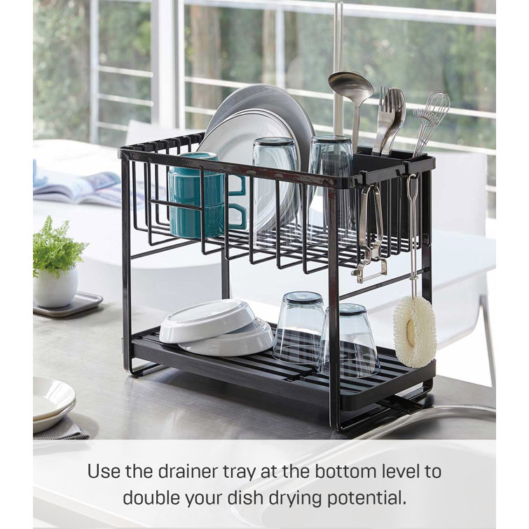 Black Two-Tier Metal Dish Rack with Utensil Holder