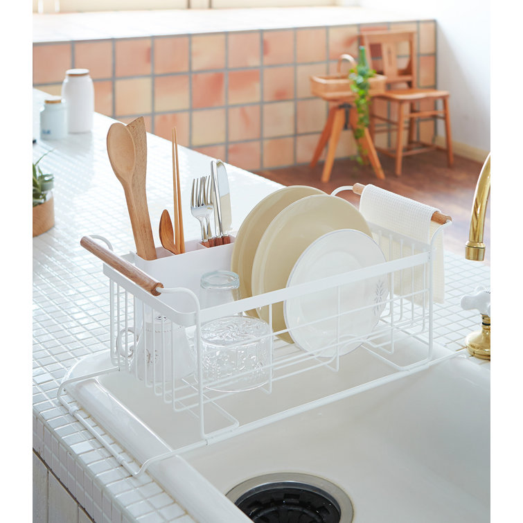 White Metal Over-the-Sink Dish Rack with Wooden Handles