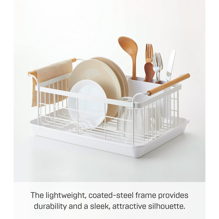 Tosca 13'' White Steel Dish Drainer Rack with Wood-Accent Handles