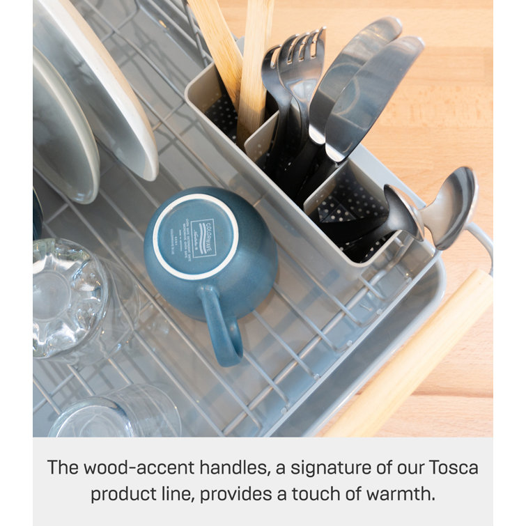 Gray Steel Dish Drainer Rack with Wood Handles and Utensil Cup