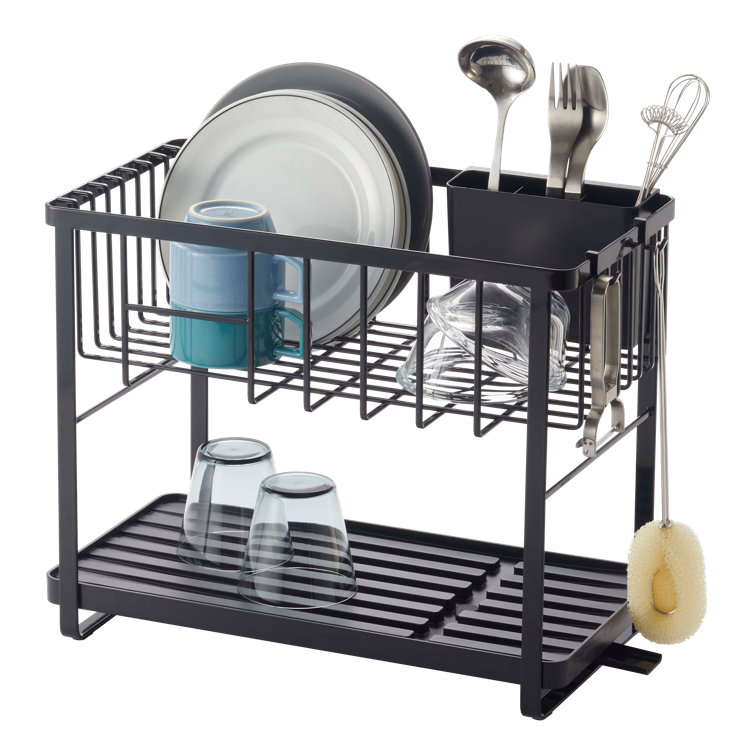 Black Two-Tier Metal Dish Rack with Utensil Holder