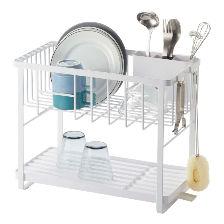 White Two-Tier Metal Dish Rack with Utensil Holder