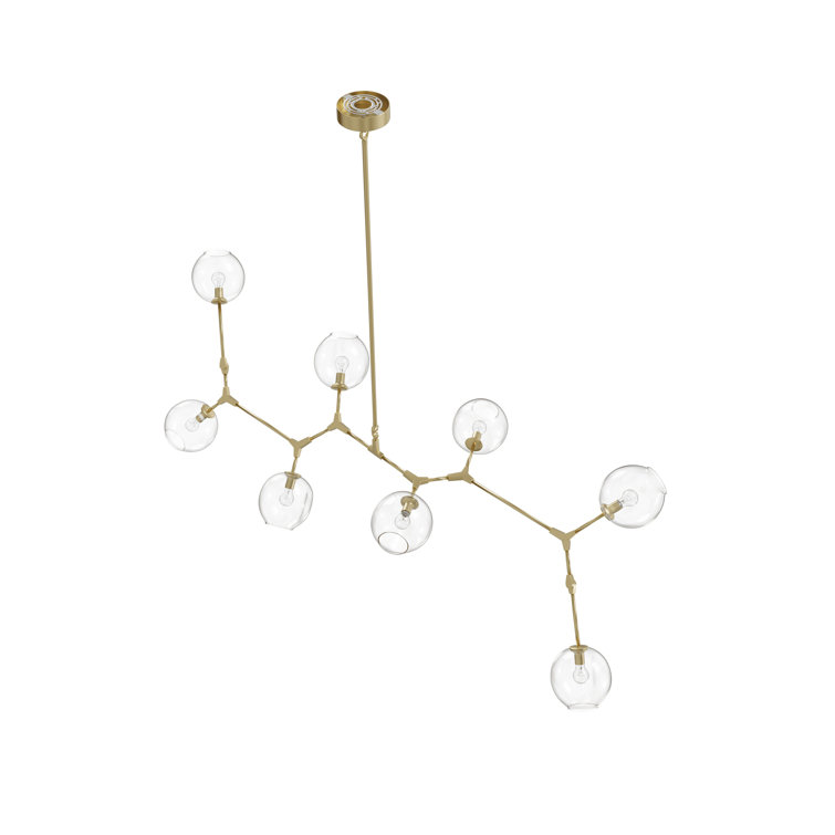 Modern Linear Brass Sputnik Chandelier with Hand Blown Glass Shades