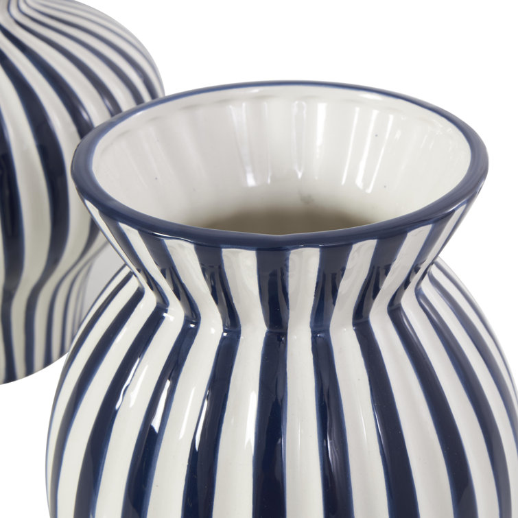 Blue and White Striped Ceramic Table Vase Set