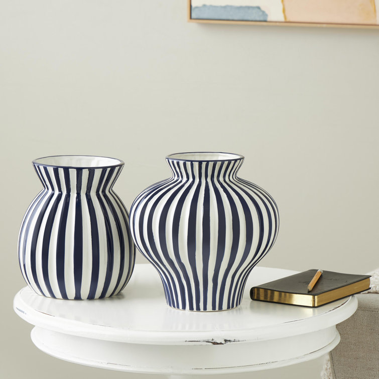 Blue and White Striped Ceramic Table Vase Set