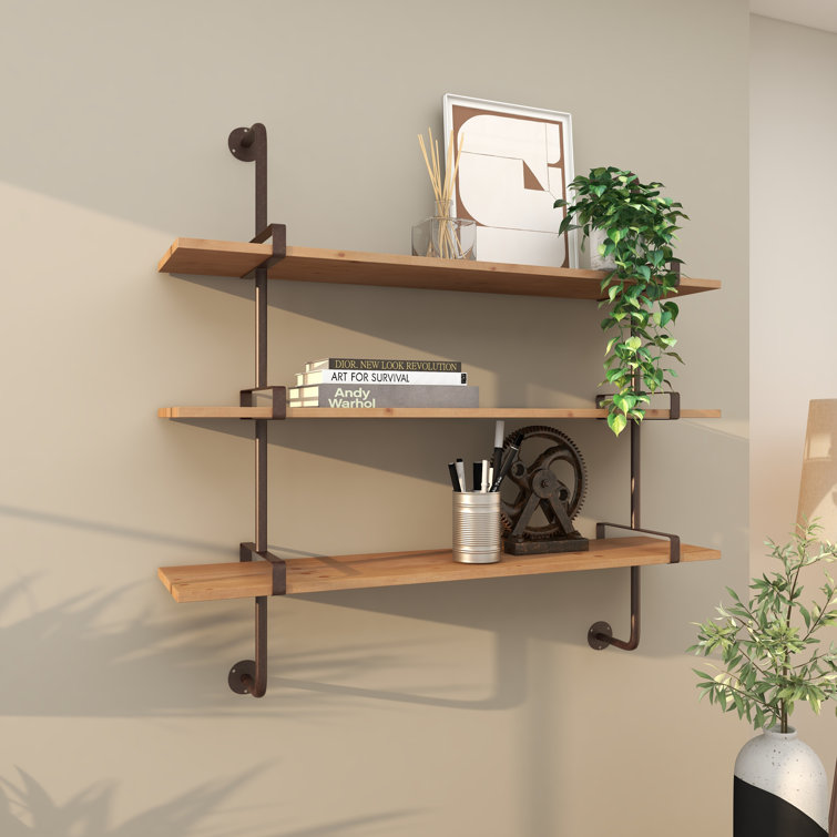 Elegant 38'' Brown Wood Floating Wall Shelf with Five Sections