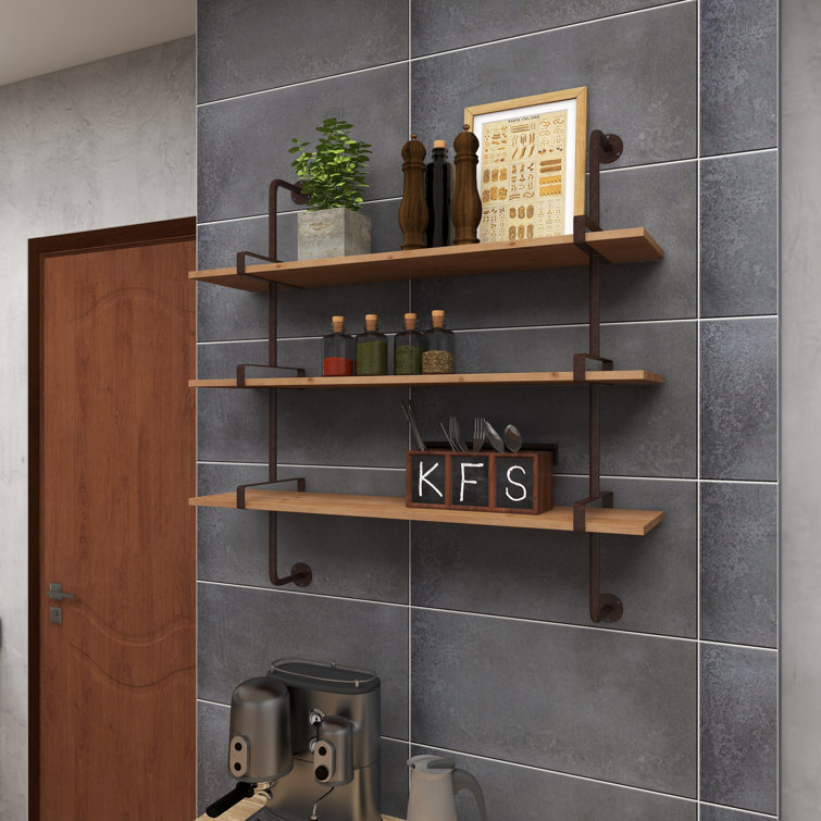 Elegant 38'' Brown Wood Floating Wall Shelf with Five Sections