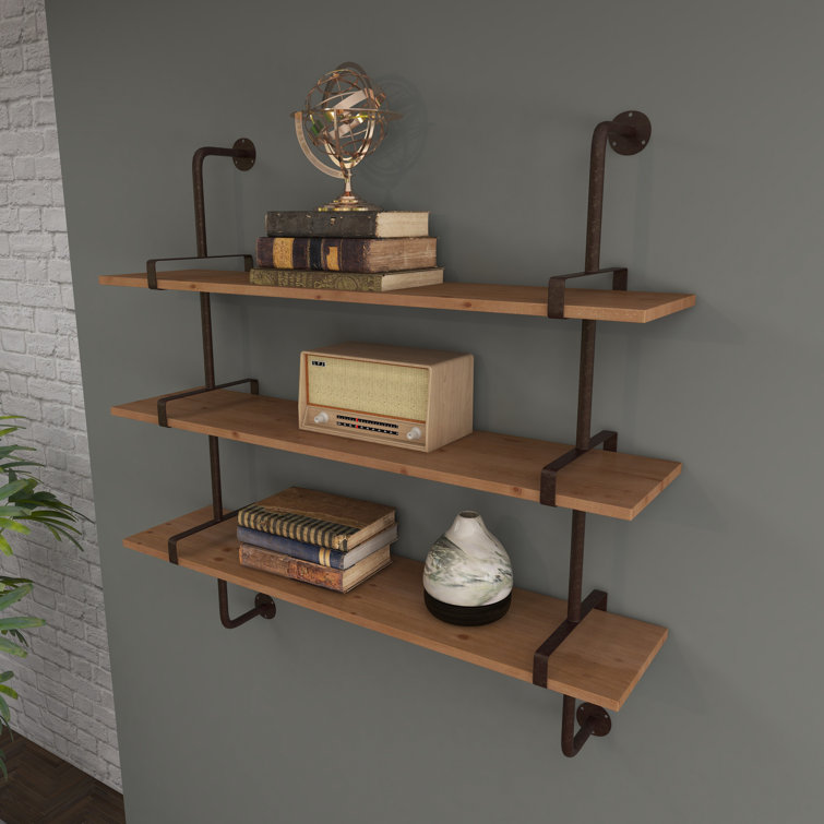Elegant 38'' Brown Wood Floating Wall Shelf with Five Sections