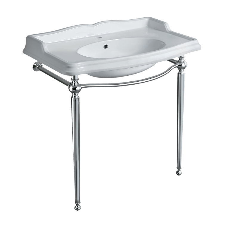 White Ceramic Wall-Mount Console Sink with Chrome Legs