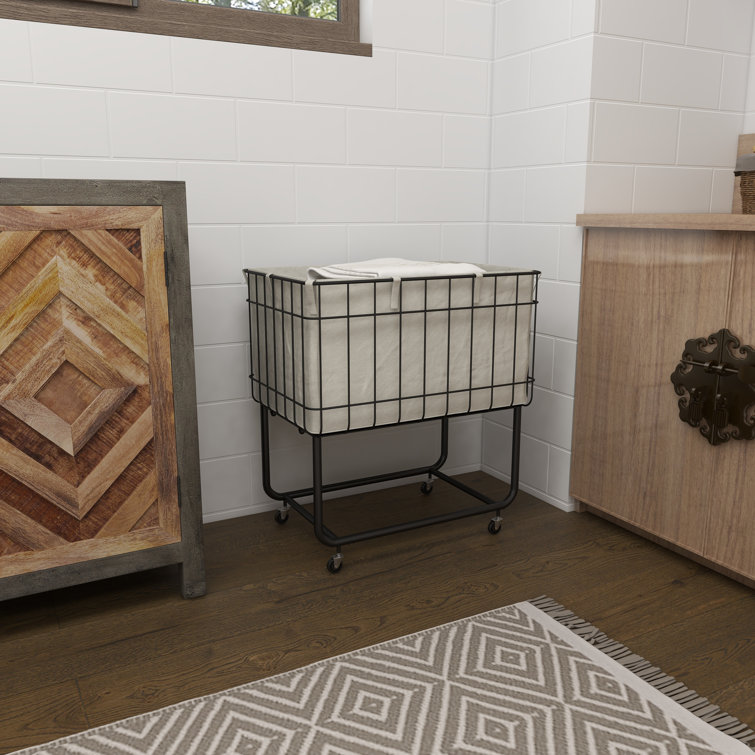 Black Metal Wire Basket Storage Cart with Wheels and Fabric Lining
