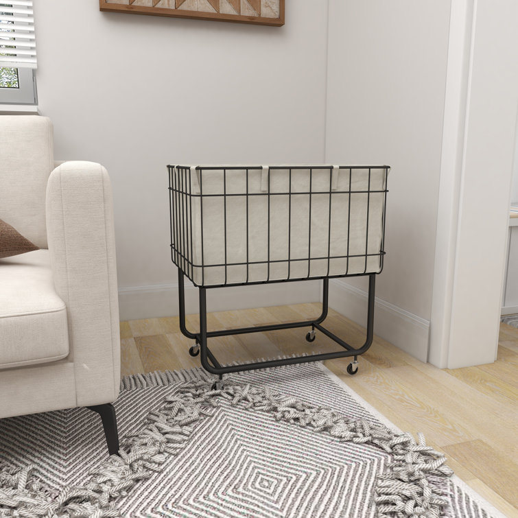 Black Metal Wire Basket Storage Cart with Wheels and Fabric Lining