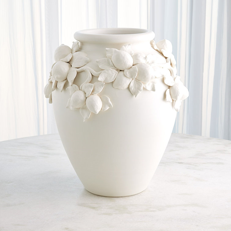 Matte White Ceramic Decorative Urn with Floral Design