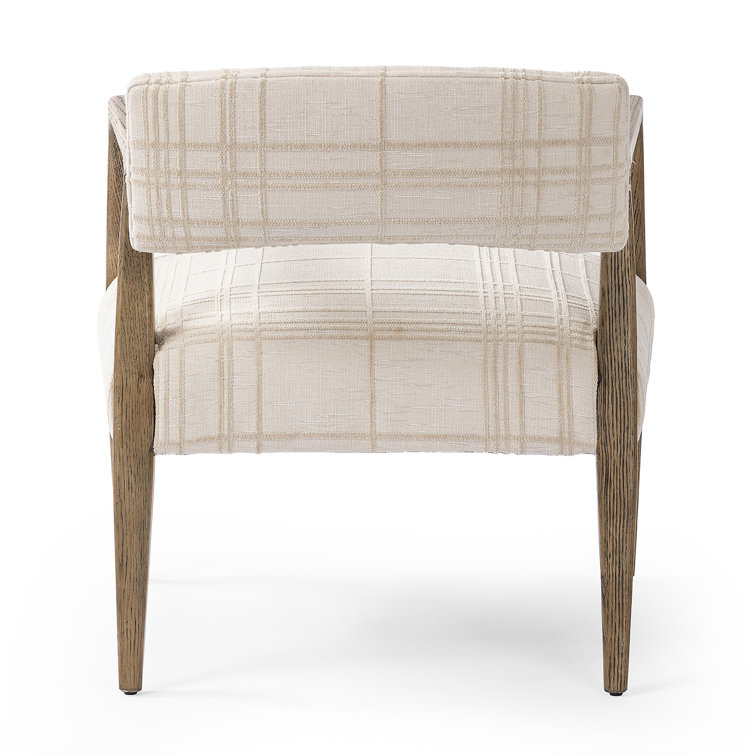 Ivory Plaid Upholstered Oak Armchair with Light Brown Legs
