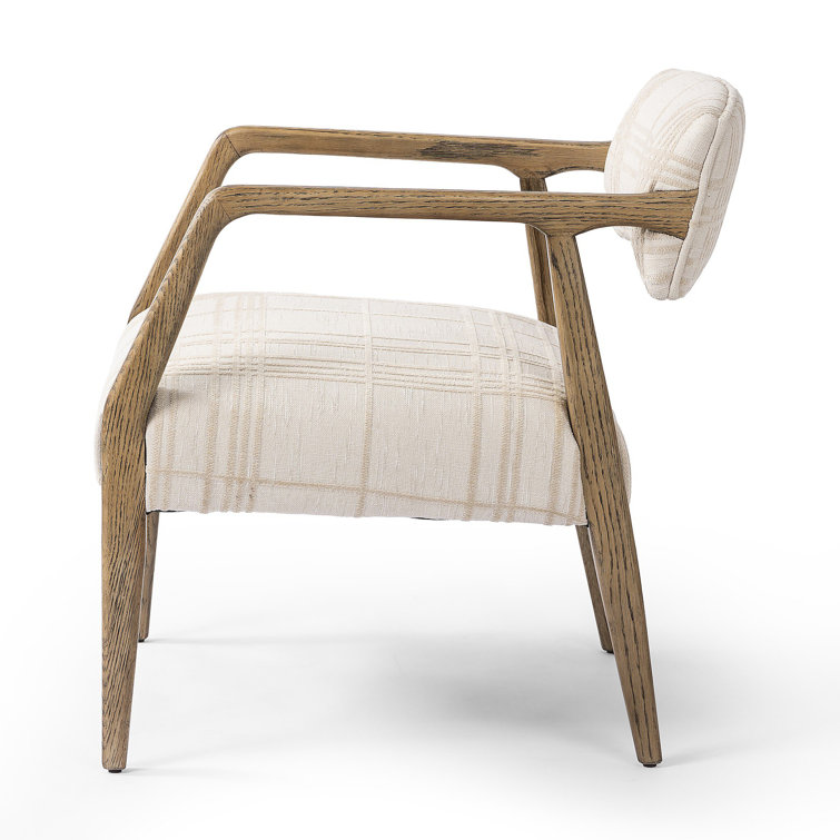 Ivory Plaid Upholstered Oak Armchair with Light Brown Legs