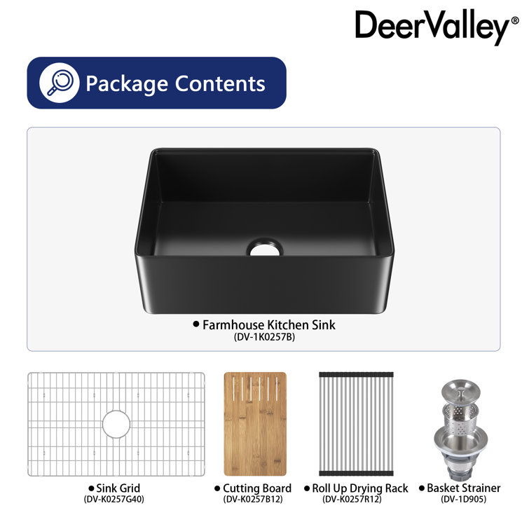 Matte Black Fireclay Single Bowl Farmhouse Kitchen Sink with Accessories