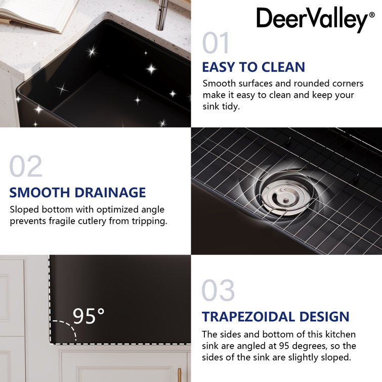 Matte Black Fireclay Single Bowl Farmhouse Kitchen Sink with Accessories