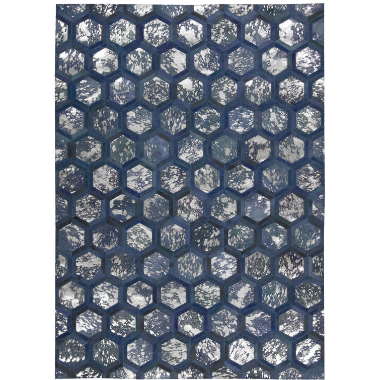 Cobalt Geometric Cowhide 8' x 10' Handmade Area Rug