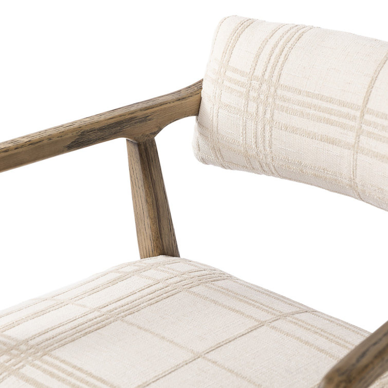 Ivory Plaid Upholstered Oak Armchair with Light Brown Legs