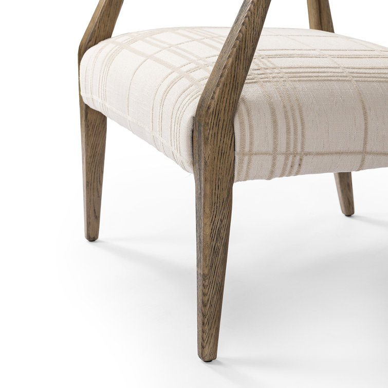 Ivory Plaid Upholstered Oak Armchair with Light Brown Legs