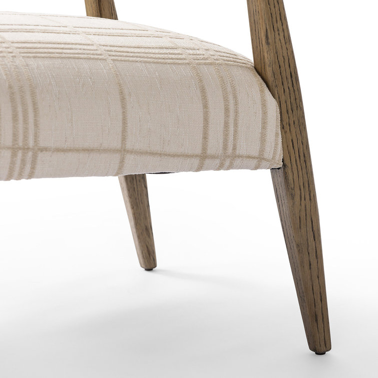 Ivory Plaid Upholstered Oak Armchair with Light Brown Legs