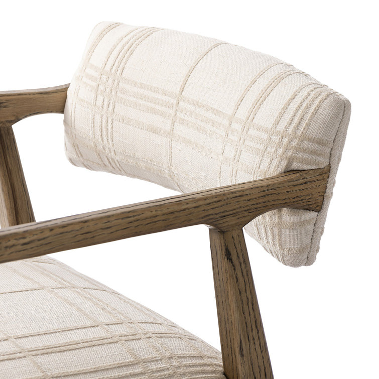 Ivory Plaid Upholstered Oak Armchair with Light Brown Legs