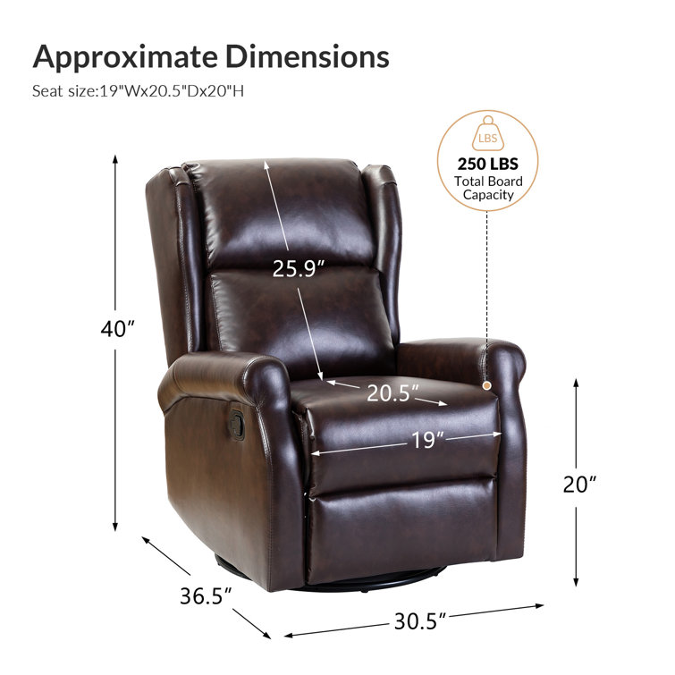 Brown Faux Leather Swivel Rocker Recliner with Rolled Arms