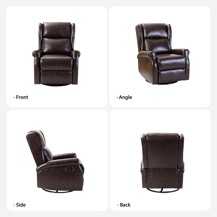 Brown Faux Leather Swivel Rocker Recliner with Rolled Arms