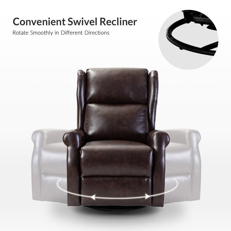 Brown Faux Leather Swivel Rocker Recliner with Rolled Arms