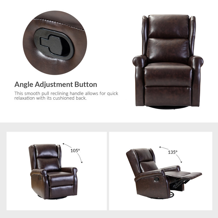 Brown Faux Leather Swivel Rocker Recliner with Rolled Arms