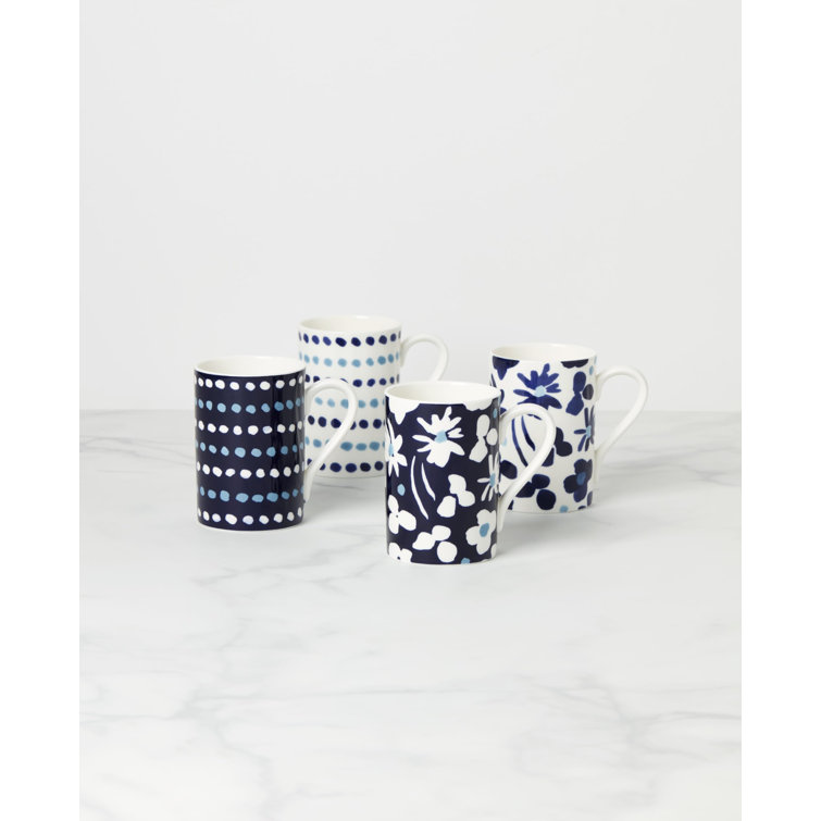 White and Blue Floral Ceramic 4-Piece Mug Set