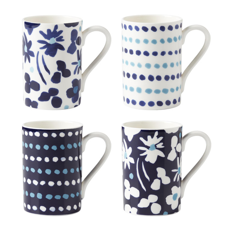 White and Blue Floral Ceramic 4-Piece Mug Set