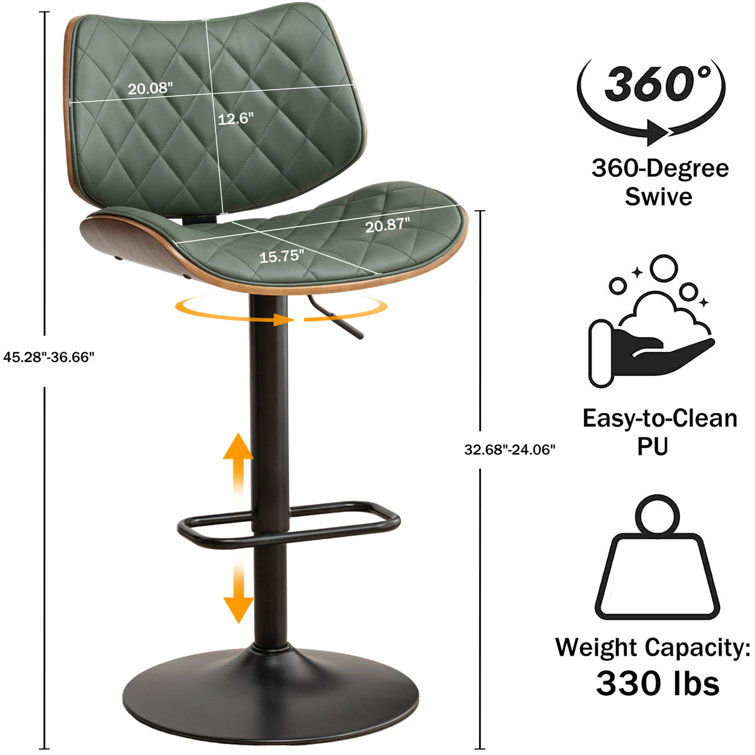 Green Faux Leather Adjustable Swivel Bar Stools with Walnut Backrest