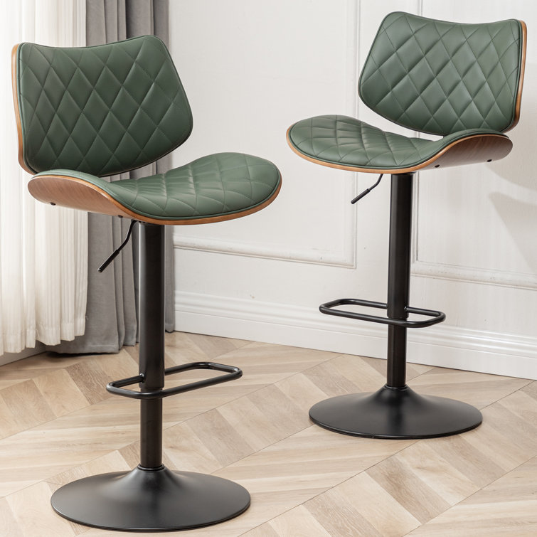 Green Faux Leather Adjustable Swivel Bar Stools with Walnut Backrest