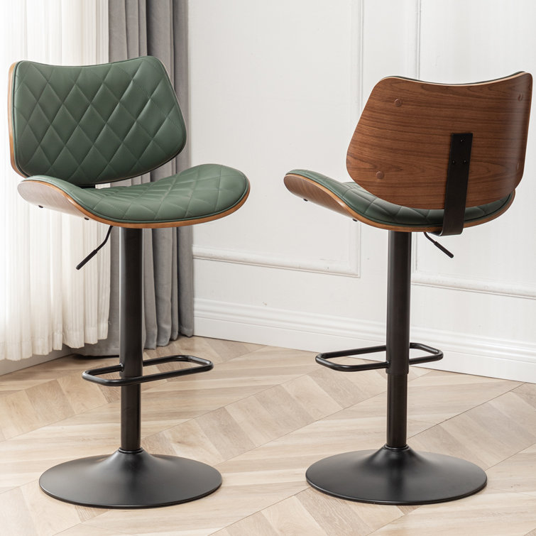 Green Faux Leather Adjustable Swivel Bar Stools with Walnut Backrest