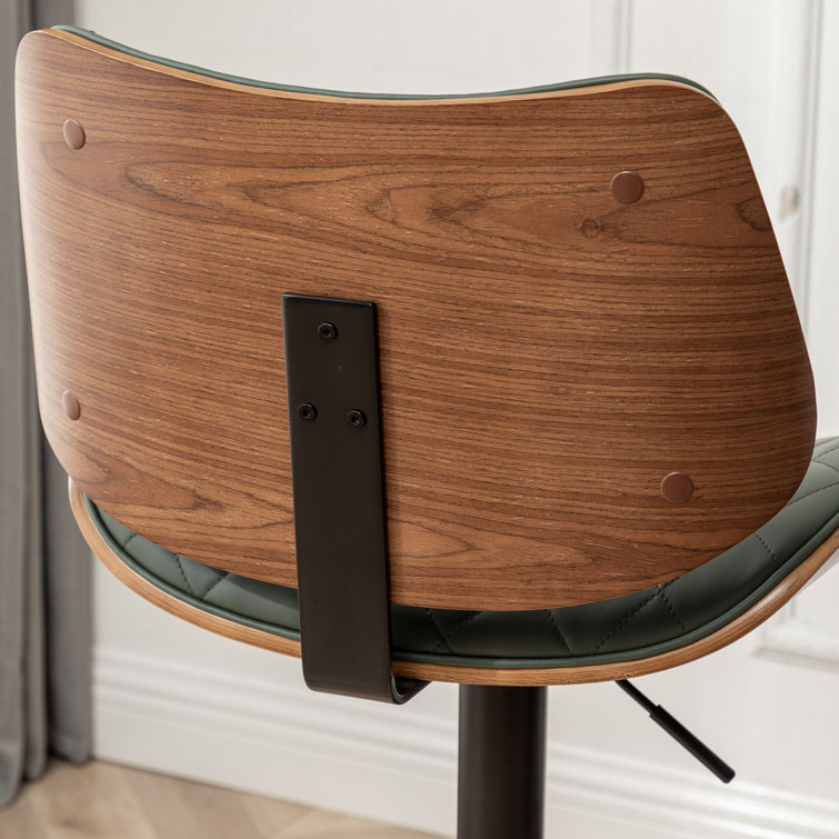 Green Faux Leather Adjustable Swivel Bar Stools with Walnut Backrest
