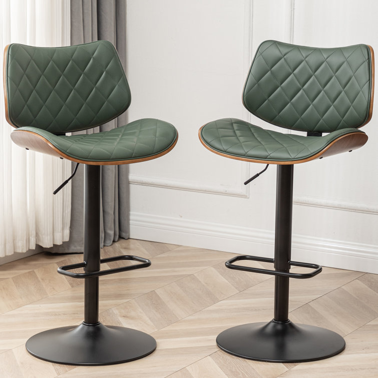 Green Faux Leather Adjustable Swivel Bar Stools with Walnut Backrest