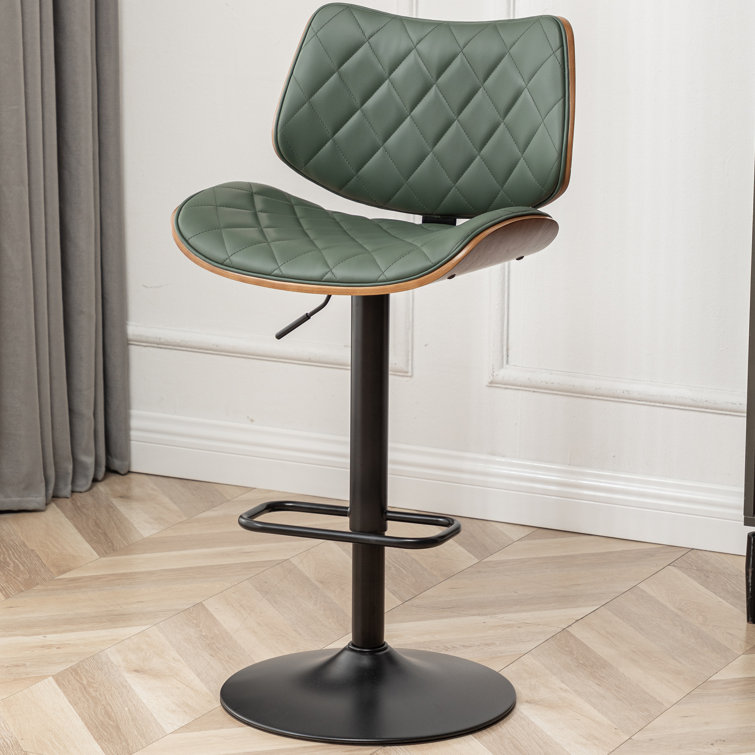 Green Faux Leather Adjustable Swivel Bar Stools with Walnut Backrest